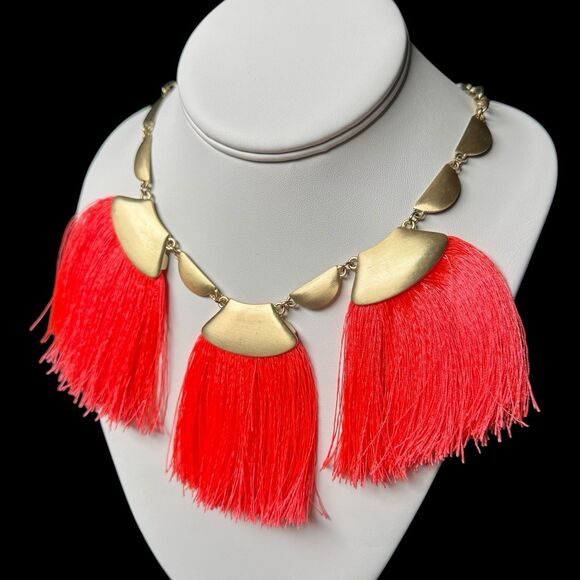 Goldtone Neon Coral Red Fan Fringe Statement Necklace 3 Tassel Adjustable 17-21” - Picture 13 of 13
